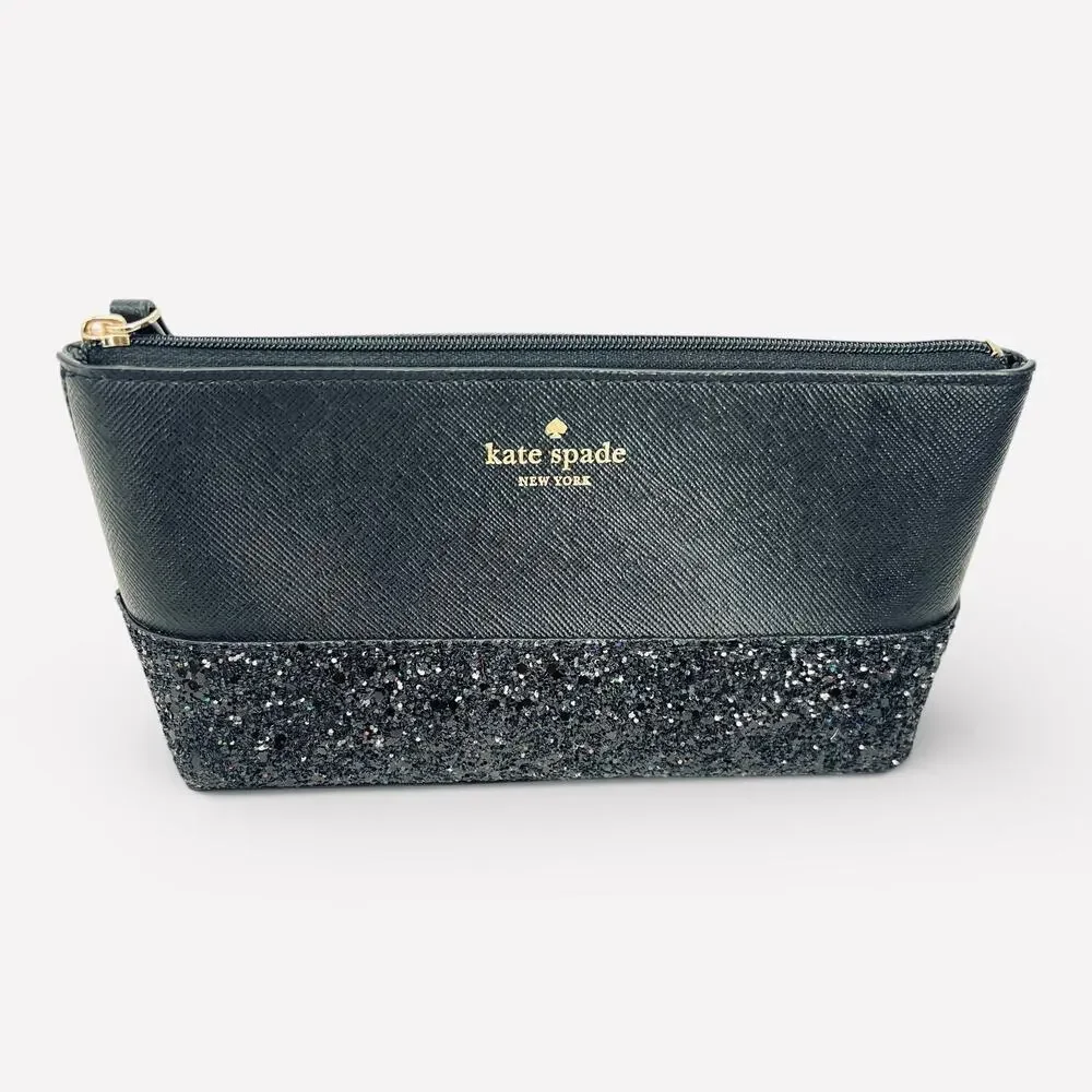 KATE SPADE New York Greta Court Glitter Cosmetic Bag BLACK NEW Travel Glam